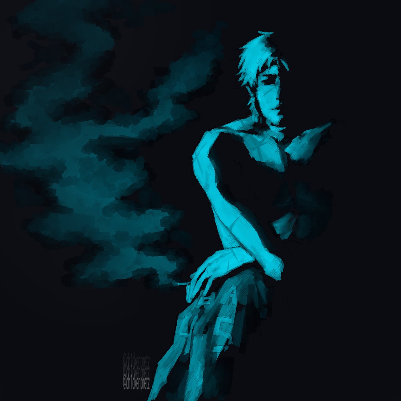 david leatherhoff, afraid of monsters, highres, 1boy, blending, ch1ckenpretz, cigarette, crossed legs, facing viewer, hands on lap, holding, holding cigarette, male focus, partially shaded face, scar, scar on face, short hair, sitting, smoke, smoke trail, solo, toned, toned male, topless male