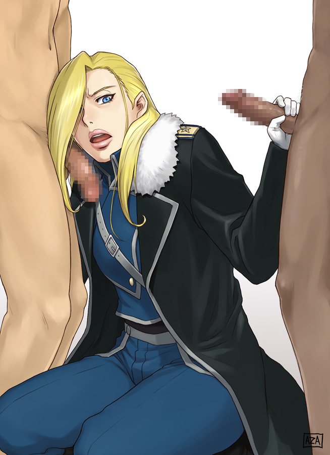 azasuke, olivier mira armstrong, fullmetal alchemist, 00s, 1girl, 2boys, angry, blonde hair, blue eyes, censored, forced, group sex, hair over one eye, handjob, lips, long hair, military, military uniform, multiple boys, open mouth, oral, penis, solo focus