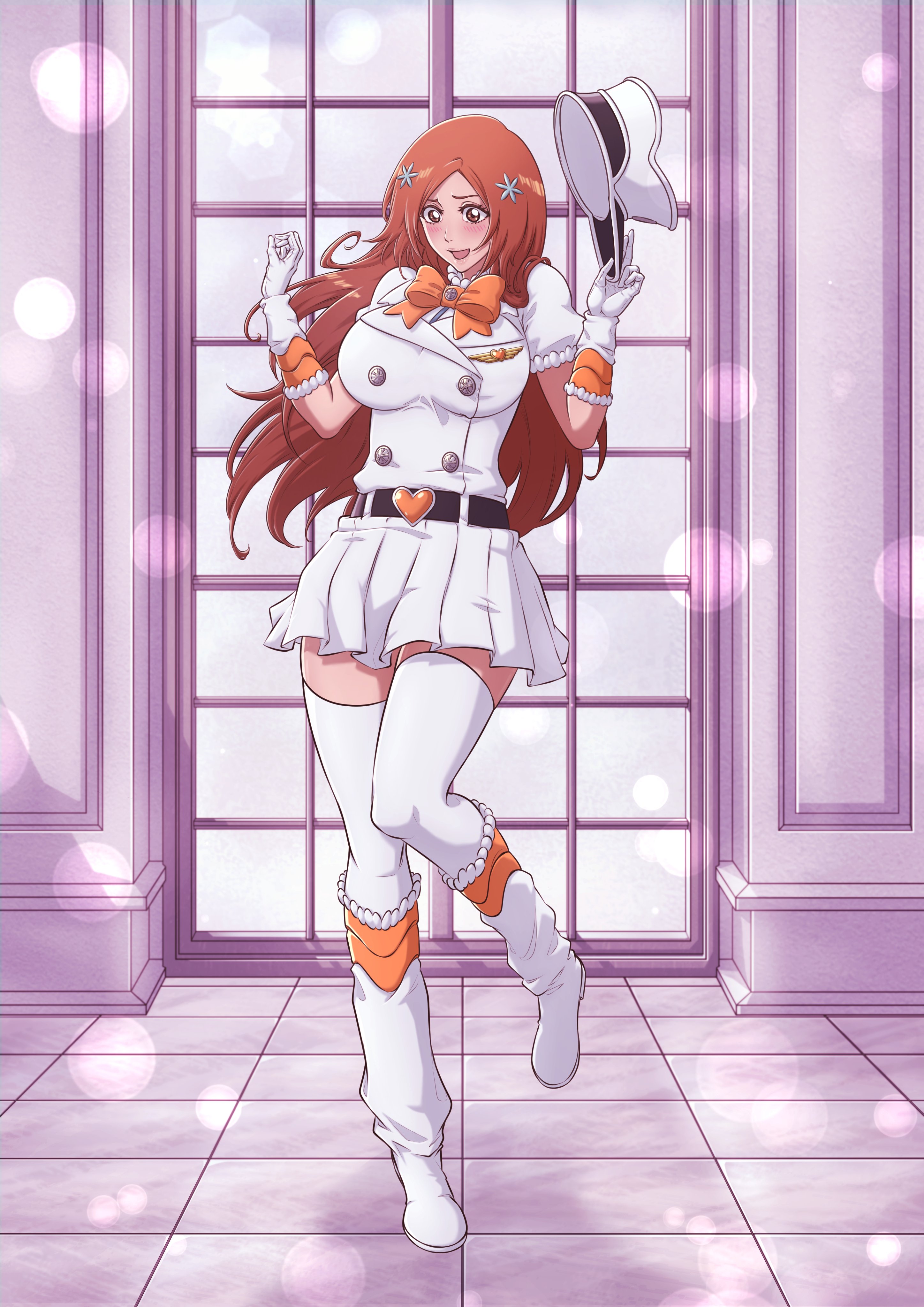 sonzhondaya, inoue orihime, meninas mcallon, bleach, bleach: sennen kessen-hen, absurdres, highres, 1girl, badge, boots, breasts, brown eyes, brown hair, buttons, cosplay, double-breasted, full body, hair ornament, hairpin, hat, heart belt buckle, holding, holding unworn clothes, holding unworn hat, jacket, large breasts, long hair, meninas mcallon (cosplay), military hat, military jacket, neck ribbon, open mouth, orange ribbon, pleated skirt, puffy sleeves, ribbon, short sleeves, skirt, solo, thighhighs, unworn hat, unworn headwear, wandenreich uniform, window