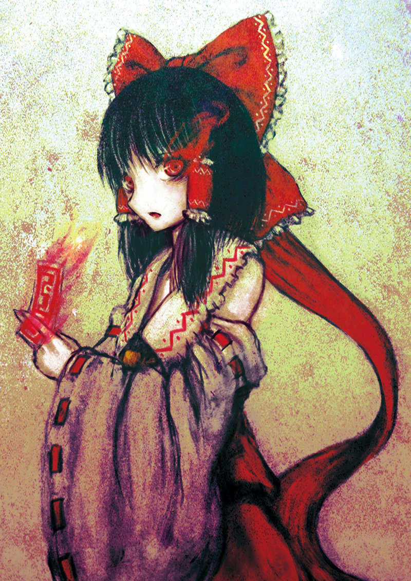 shisen, hakurei reimu, touhou, 1girl, black hair, bow, detached sleeves, female focus, fire, glowing, glowing eyes, gradient background, hair bow, japanese clothes, miko, ofuda, red eyes, ribbon, solo