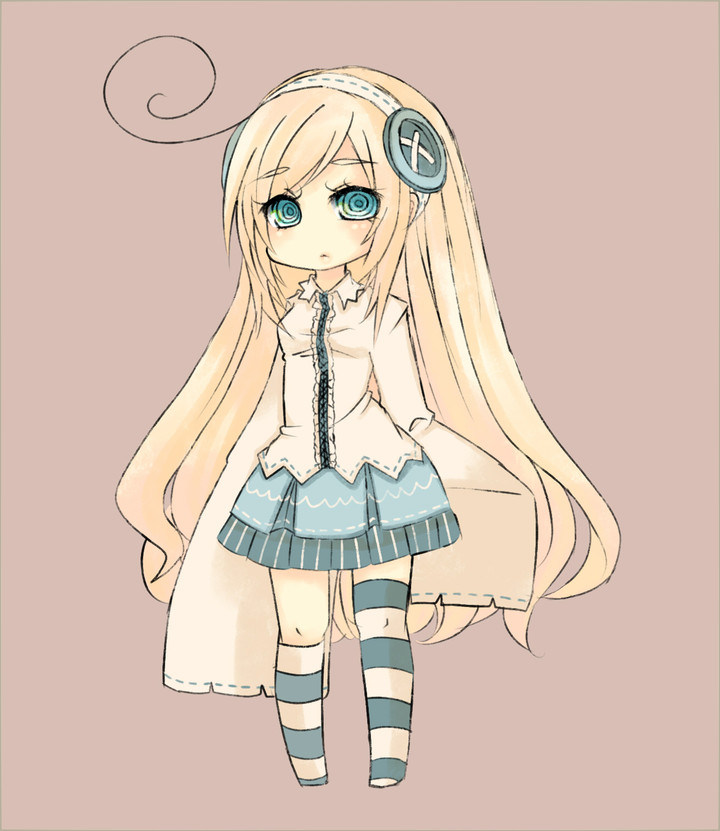 arisugawa nanao, blonde hair, blue eyes, buttons, hairband, large buttons, long hair, long sleeves, skirt, solo, striped clothes, striped thighhighs, thighhighs