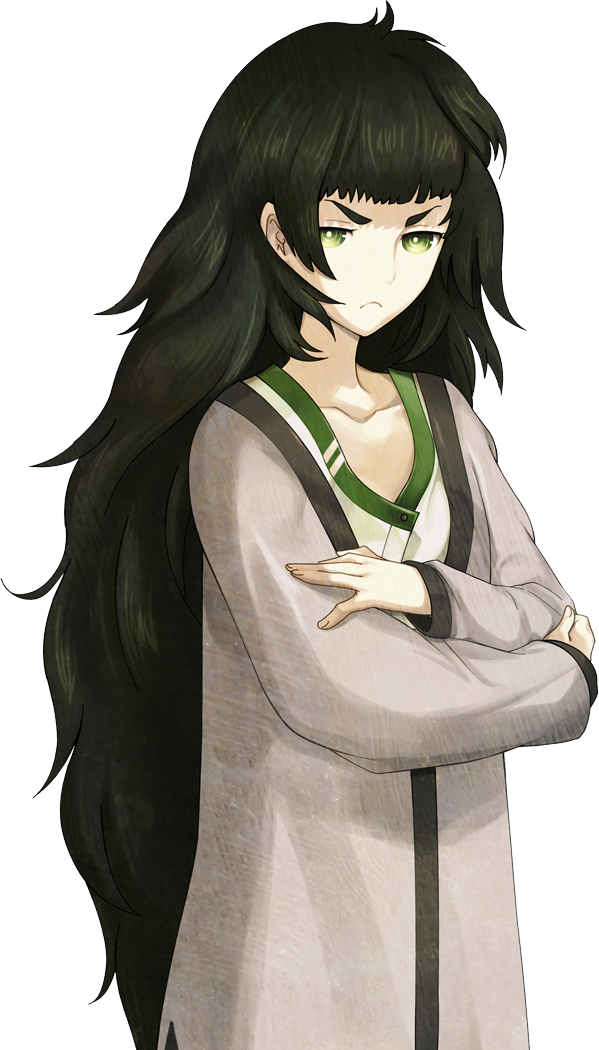 huke, hiyajou maho, science adventure, steins;gate, steins;gate 0, game cg, official art, 1girl, angry, blunt bangs, brown jacket, collar, collarbone, crossed arms, fingernails, flat chest, frown, glaring, green collar, green eyes, green hair, green trim, jacket, jacket over dress, long hair, looking at viewer, messy hair, solo, sprite, transparent background, very long hair