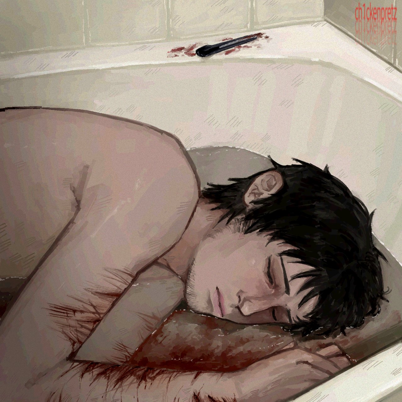 simon henriksson, cry of fear, highres, textless version, 1boy, bathtub, black hair, blood, blood on arm, boxcutter, ch1ckenpretz, closed eyes, curled up, facial hair, frown, goatee stubble, indoors, male focus, partially submerged, self-harm, short hair, solo, stubble, topless male, upper body, wrist cutting