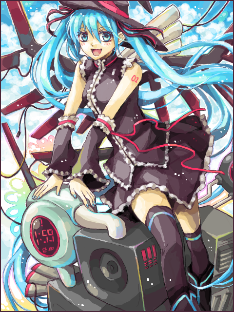 rocket (piapro), hatsune miku, vocaloid, bad id, bad piapro id, 1girl, aqua eyes, aqua hair, female focus, frills, hat, legs, long hair, skirt, smile, solo, thighhighs, twintails, very long hair, witch hat, zettai ryouiki