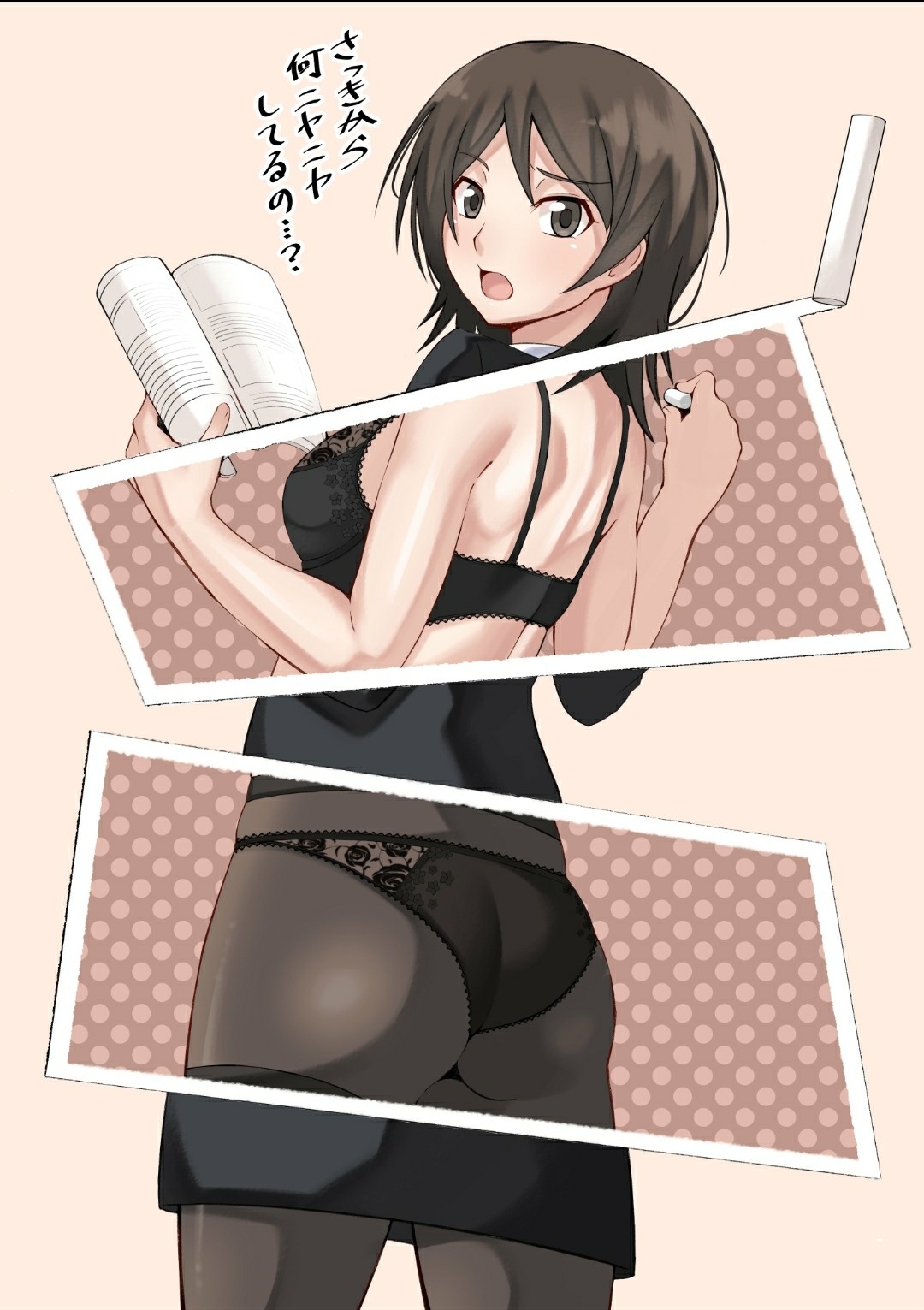 jishaku (user rcuz2843), takahashi maya, amagami, commentary, highres, translation request, 1girl, ass, back, black bra, black eyes, black hair, black panties, black suit, book, bra, breasts, chalk, formal clothes, from behind, holding, holding book, holding chalk, looking at viewer, looking back, median furrow, medium breasts, medium hair, open book, open mouth, panties, pencil skirt, pink background, revealing layer, shoulder blades, simple background, skirt, solo, standing, suit, teacher, underwear, x-ray vision