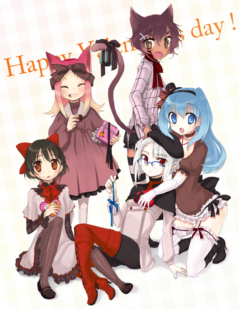 miyoshino, darker than black, original, frilled legwear, striped legwear, bad id, bad pixiv id, 00s, 5girls, :3, ^ ^, albino, androgynous, animal ears, blue eyes, blue nails, blush, boots, brown eyes, brown hair, closed eyes, dark-skinned female, dark skin, dress, garter belt, garter straps, glasses, green hair, happy, hat, high heels, kneeling, long hair, looking back, multiple girls, nail polish, pantyhose, pink hair, red hair, ribbon, shoes, sitting, striped clothes, striped pantyhose, tail, tail ornament, tail ribbon, thigh boots, thighhighs, top hat, vertical-striped clothes, vertical-striped pantyhose, white thighhighs