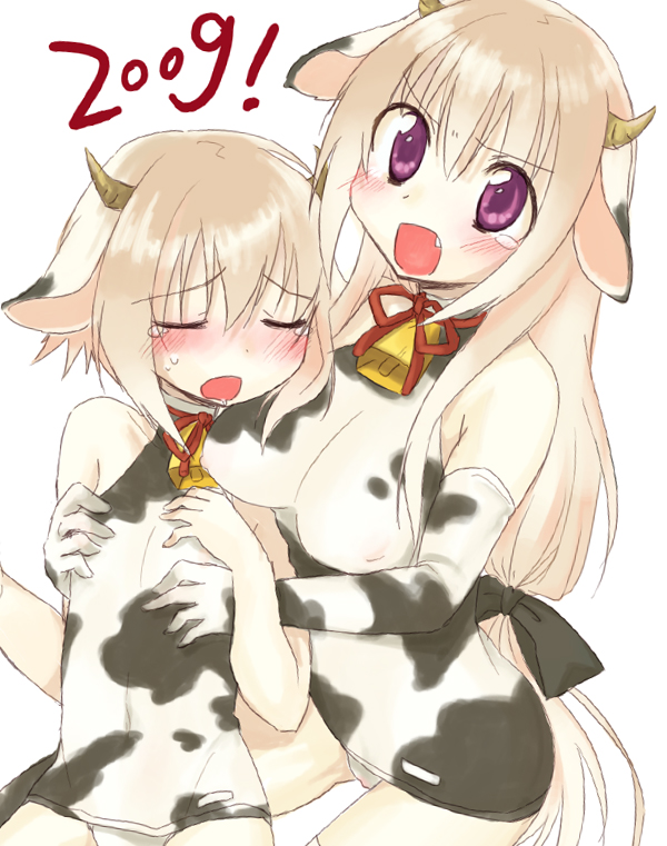 miyoshino, original, 00s, 2009, 2girls, animal ears, animal print, bell, blush, breast envy, breasts, child, cow ears, cow girl, cow print, cowbell, elbow gloves, fang, flat chest, flat chest grab, gloves, grabbing another's breast, groping, halterneck, horns, long hair, medium breasts, multiple girls, new year, one-piece swimsuit, pink hair, purple eyes, school swimsuit, short hair, small breasts, swimsuit, tears