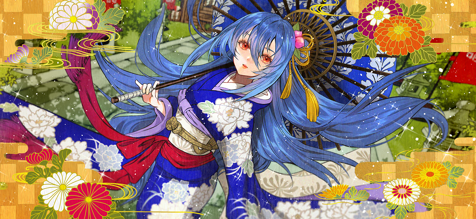 hinanawi tenshi, touhou, touhou gensou eclipse, artist request, non-web source, official art, second-party source, 1girl, alternate costume, blue hair, blue kimono, blue umbrella, chrysanthemum print, egasumi, floral print, flower, food-themed hair ornament, furisode, hair bun, hair ornament, holding, holding umbrella, japanese clothes, kimono, leaf hair ornament, long hair, long sleeves, looking at viewer, obi, oil-paper umbrella, orange flower, outdoors, peach hair ornament, peony print, print kimono, red eyes, red flower, sash, solo, sparkle, stone lantern, umbrella, umbrella over shoulder, very long hair, white flower, wide sleeves