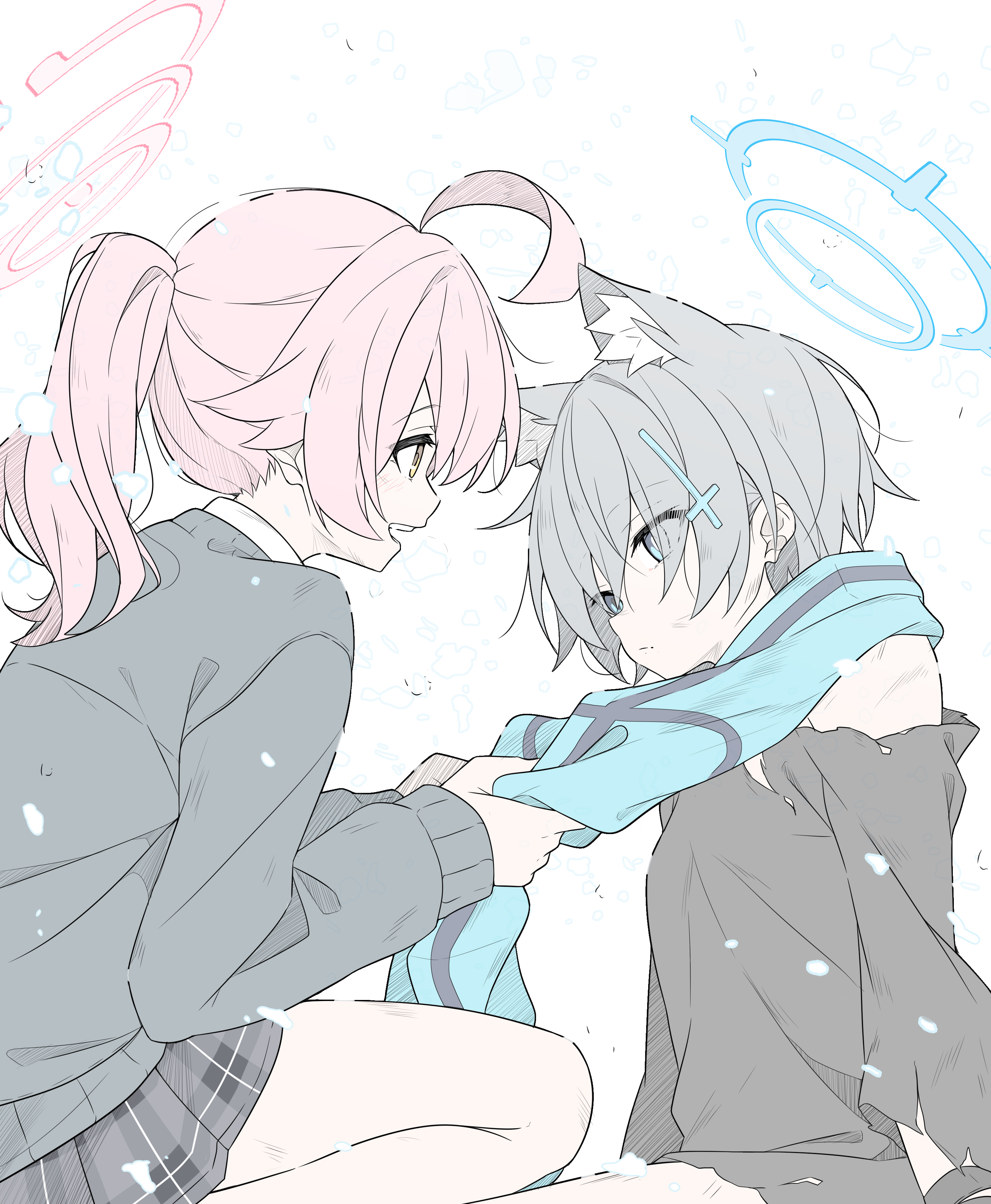 t1kosewad, hoshino (blue archive), hoshino (second year) (blue archive), shiroko (blue archive), shiroko (young) (blue archive), blue archive, absurdres, commentary, commentary request, english commentary, highres, mixed-language commentary, revision, 2girls, ahoge, animal ears, black shirt, black skirt, blue eyes, blue halo, blue scarf, cardigan, cross, cross hair ornament, extra ears, from side, grey cardigan, grey hair, hair ornament, halo, huge ahoge, inverted cross, long sleeves, looking at another, multiple girls, pink hair, pink halo, plaid clothes, plaid skirt, pleated skirt, ponytail, scarf, shirt, skirt, thighs, torn clothes, torn shirt, wolf ears, wolf girl, yellow eyes