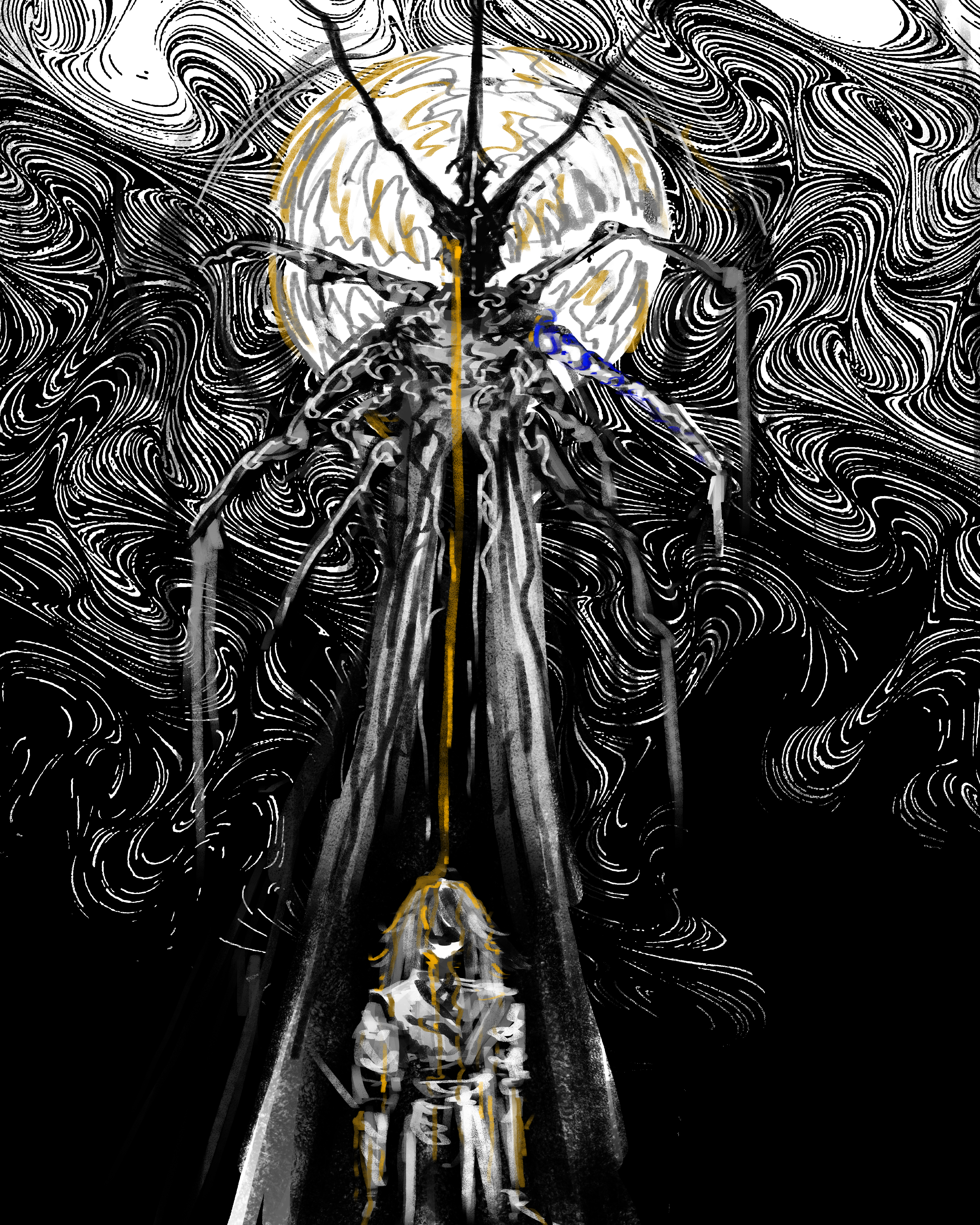 ignoramoose, sunny (shadow slave), weaver (shadow slave), shadow slave, absurdres, highres, 1boy, 1other, abstract, black hair, black robe, black tunic, blood, bloody tears, extra arms, height difference, horns, mask, messy hair, outstretched arms, robe, short hair, sun behind head, tunic, yellow blood