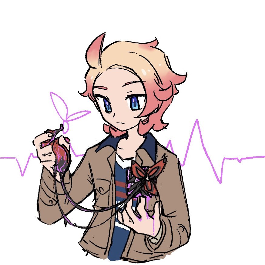 xlii idk, urbain (pokemon), nintendo, pokemon, pokemon legends: z-a, hashtag-only commentary, 1boy, blonde hair, blue eyes, blue shirt, brown jacket, closed mouth, flower, heart (organ), holding, holding heart (organ), jacket, long sleeves, male focus, medium hair, open clothes, open jacket, print shirt, shirt, solo, white background