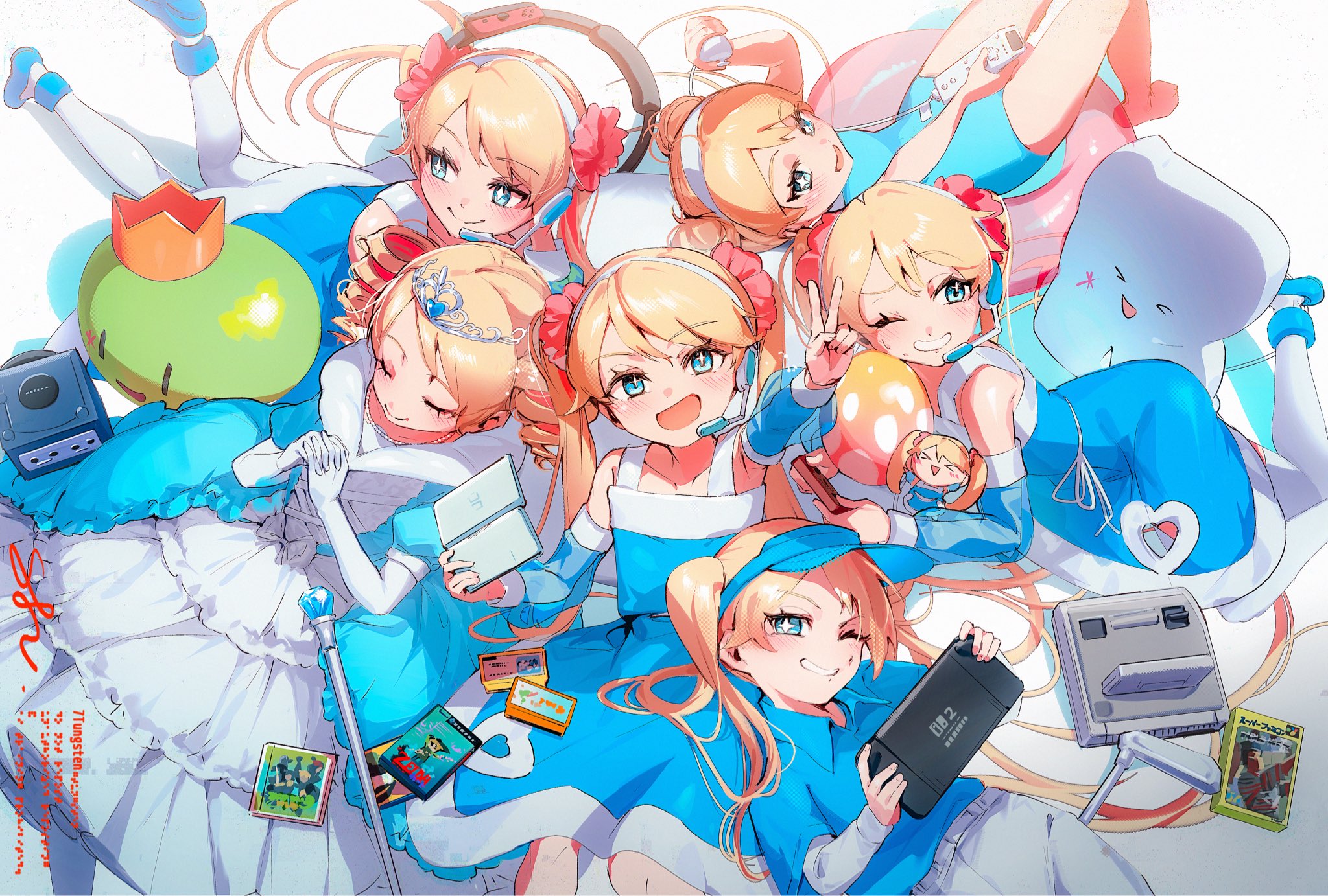7tungsten, rta-chan, rta in japan, commentary request, highres, 1girl, bare shoulders, blonde hair, blue dress, blue eyes, blue hat, blue one-piece swimsuit, blue shirt, blue sleeves, bright pupils, collared shirt, controller, cross-shaped pupils, dress, elbow gloves, flat chest, game console, game controller, gamecube, gloves, grin, hair ornament, hair scrunchie, hairband, handheld game console, hat, headset, holding, holding controller, holding game controller, holding handheld game console, innertube, layered sleeves, long hair, long sleeves, multiple views, nintendo ds, nintendo switch 2, one-piece swimsuit, one eye closed, outstretched arm, own hands together, pants, pink scrunchie, scrunchie, see-through clothes, see-through sleeves, shirt, short over long sleeves, short sleeves, sleeveless, sleeveless dress, smile, swim ring, swimsuit, symbol-shaped pupils, tiara, twintails, v, very long hair, visor cap, white gloves, white hairband, white pants, white pupils, wii remote