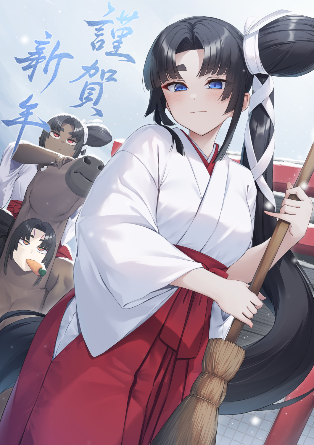 pinta (ayashii bochi), taira no kagekiyo (fate), ushiwakamaru (corrupted) (fate), ushiwakamaru (fate), fate/grand order, fate (series), commentary request, highres, 3girls, animal costume, black hair, blue eyes, broom, carrot, chinese zodiac, dark-skinned female, dark persona, dark skin, food in mouth, hair ribbon, hakama, hakama skirt, holding, holding broom, horse costume, japanese clothes, kimono, long hair, looking at viewer, miko, multiple girls, new year, orange eyes, outdoors, red eyes, red hakama, ribbon, ringed eyes, side ponytail, skirt, smile, snowing, very long hair, white kimono, white ribbon, year of the horse