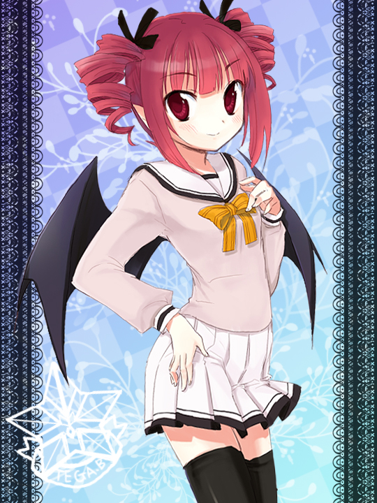 miyoshino, kasane teto, utau, 1girl, alternate costume, blush, demon wings, drill hair, female focus, flat chest, hair ribbon, hand on own hip, looking at viewer, pleated skirt, pointy ears, red eyes, red hair, ribbon, school uniform, serafuku, skirt, smile, solo, thighhighs, twin drills, twintails, wings, zettai ryouiki