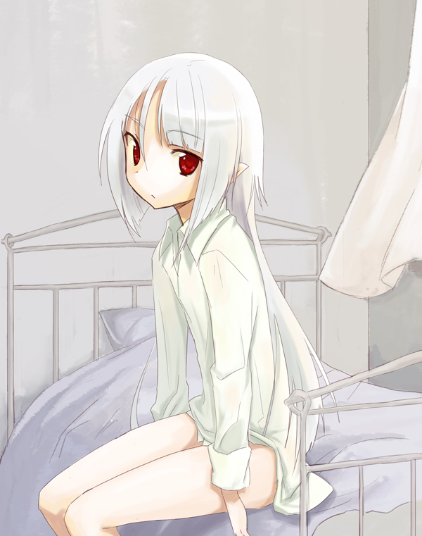 miyoshino, original, gender request, androgynous, bottomless, flat chest, legs, long hair, red eyes, sitting, solo, white hair