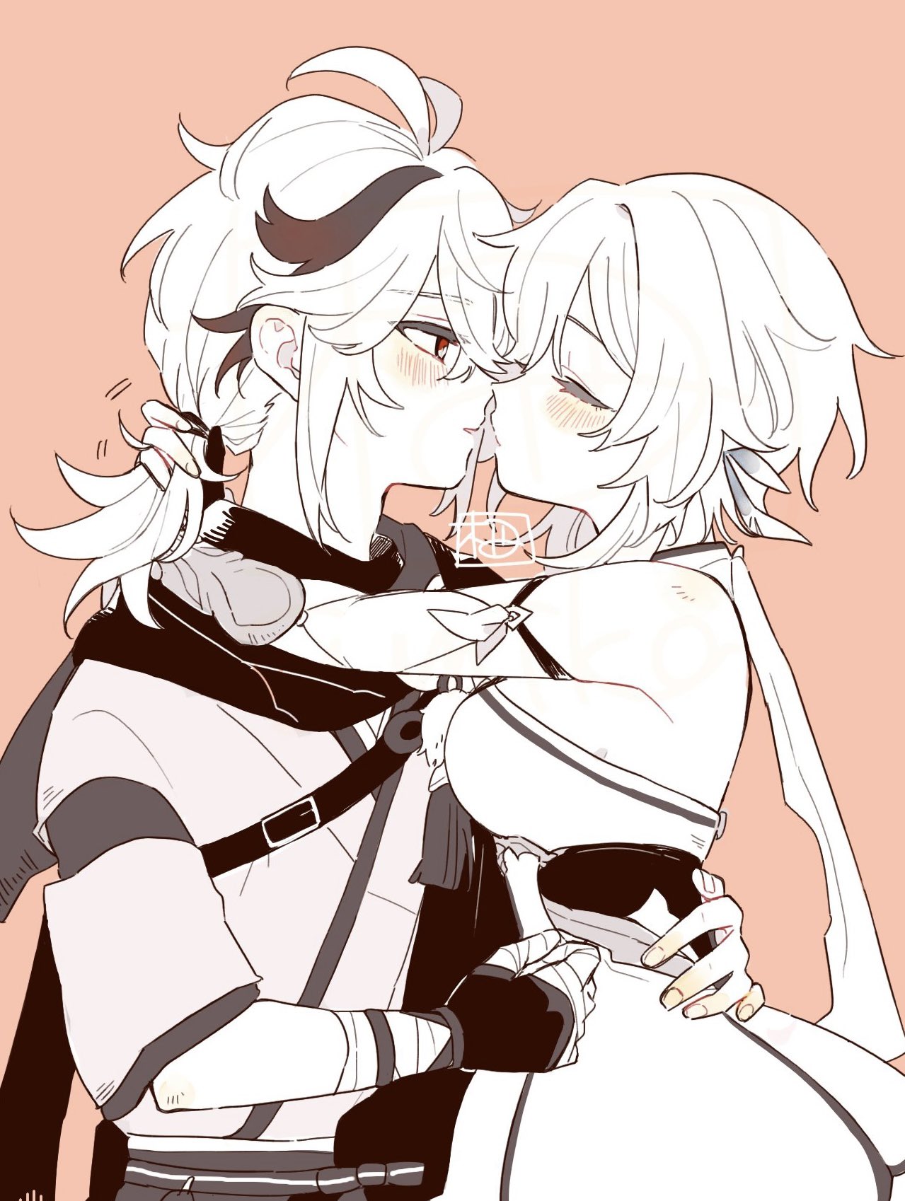 sumika nl, kaedehara kazuha, lumine (genshin impact), genshin impact, commentary request, highres, 1boy, 1girl, bandaged hand, bandages, blush, breasts, closed eyes, crossed bangs, detached sleeves, dress, fingerless gloves, from side, gloves, hair between eyes, hand on another's waist, hetero, imminent kiss, japanese clothes, medium breasts, monochrome, multicolored hair, parted lips, profile, red eyes, signature, simple background, sleeveless, sleeveless dress, spot color, streaked hair