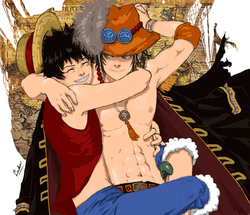 luke uehara, monkey d. luffy, portgas d. ace, one piece, 2boys, abs, brothers, family, freckles, hat, long coat, male focus, multiple boys, muscular, sad face, scar, shorts, siblings, simple background, smiley face, topless male, vest, white background, yaoi