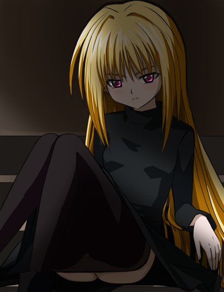 haruyama kazunori, eve (black cat), black cat (series), 00s, 1girl, ass, blonde hair, clothes pull, female focus, long hair, pantyhose, pantyhose pull, red eyes, sitting, solo, turtleneck, upskirt