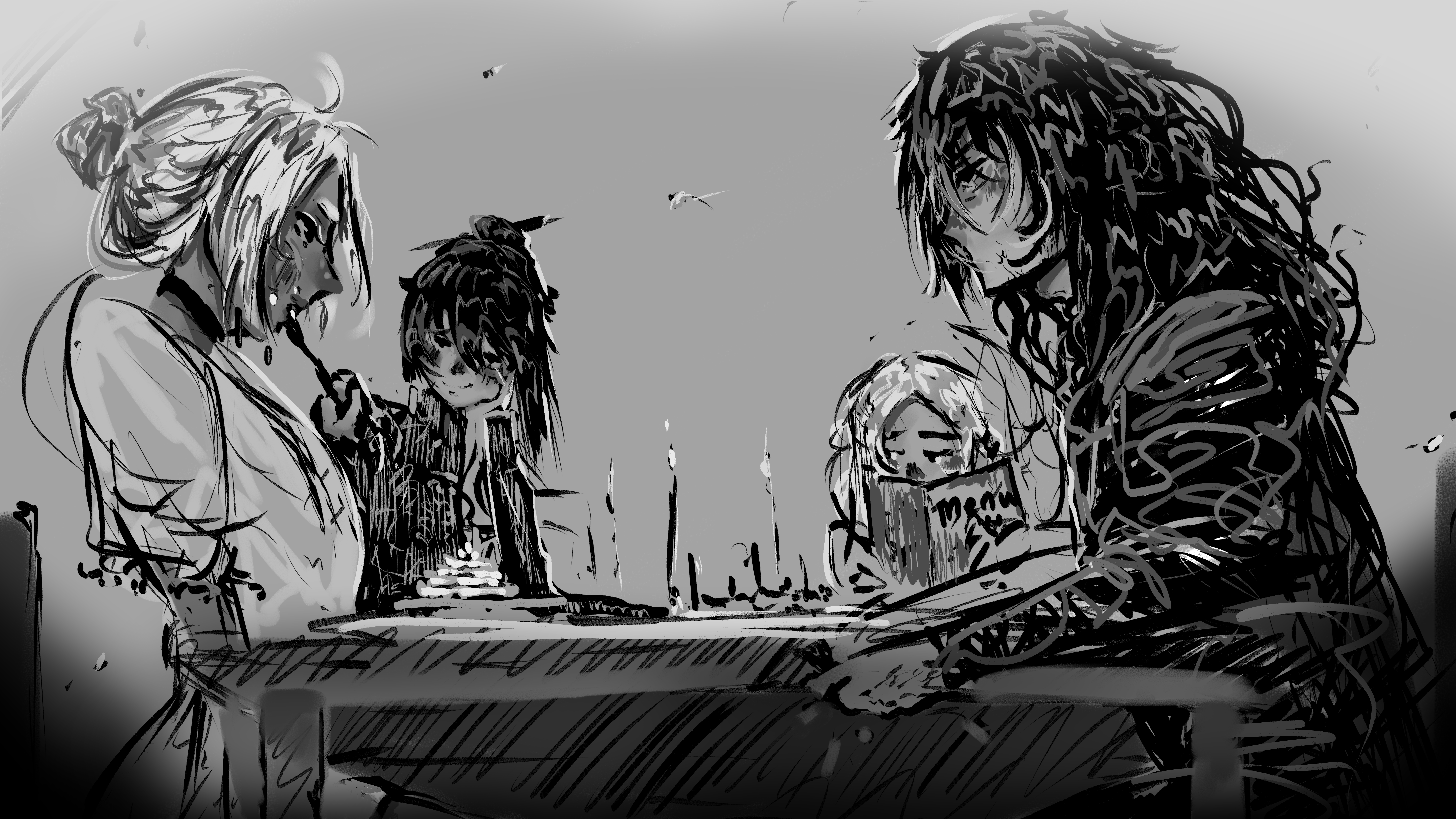 ignoramoose, rain (shadow slave), shadow slave, absurdres, highres, 1boy, 3girls, averting eyes, black robe, dark-skinned female, dark skin, elbow rest, fleur (shadow slave), from side, greyscale, hair bun, hair ornament, head rest, holding, holding newspaper, long hair, looking at another, messy hair, monochrome, multiple girls, newspaper, ray (shadow slave), robe, sitting, smile, table, tamar (shadow slave), upper body