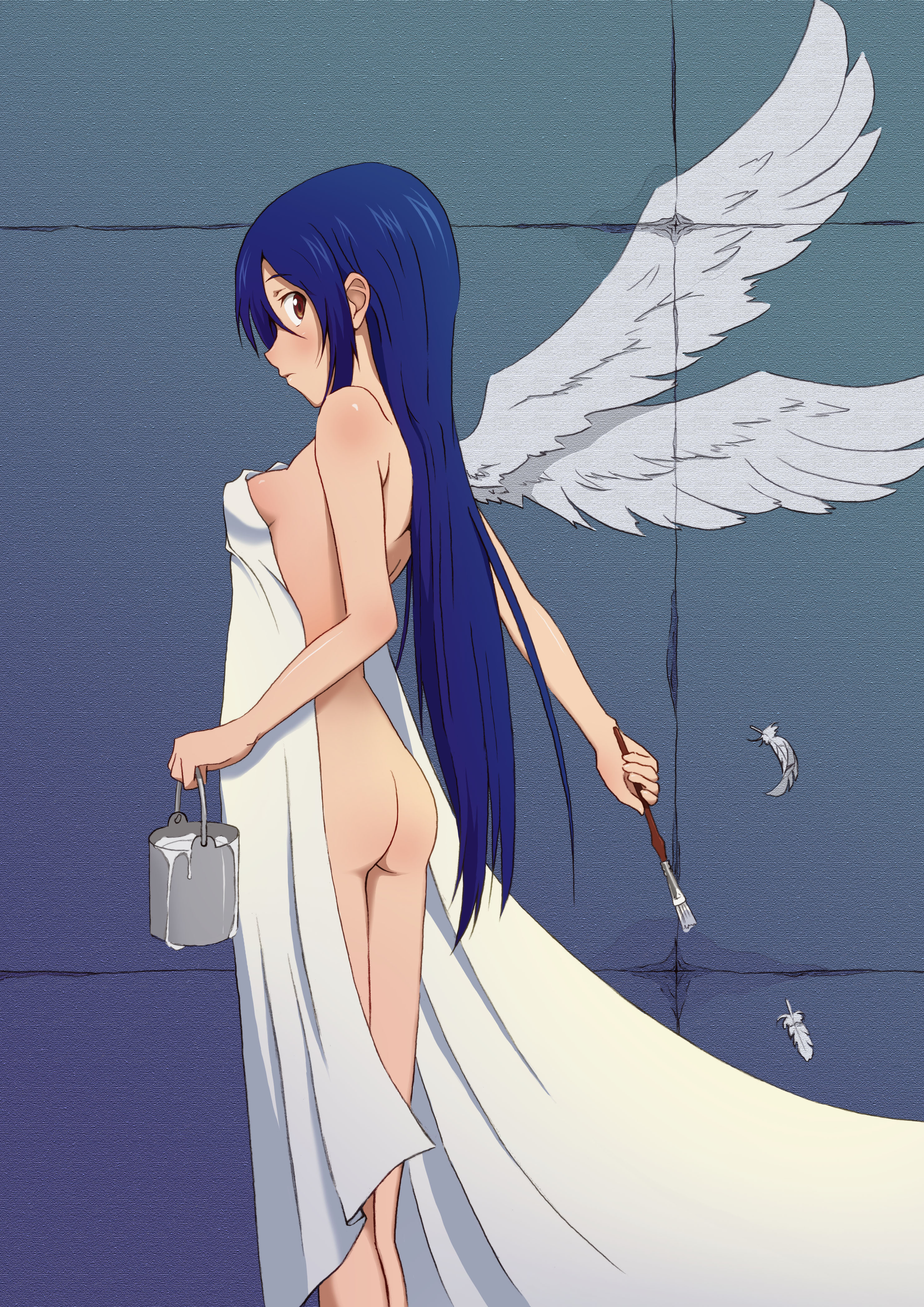 murata isshin, oekaki musume, original, absurdres, highres, 1girl, angel, angel wings, art brush, ass, back, bed sheet, blue hair, female focus, long hair, naked sheet, nude, paint, paintbrush, painting (action), solo, wings