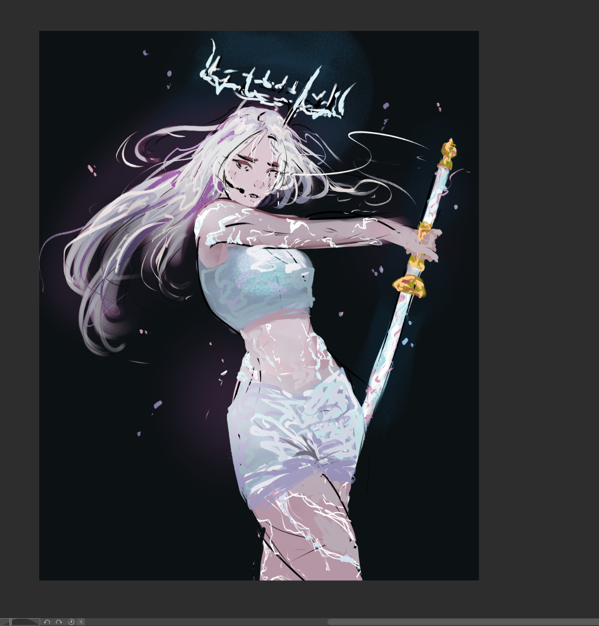 ignoramoose, nephis (shadow slave), shadow slave, screencap, highres, 1girl, blonde hair, contrapposto, crop top, crown, feet out of frame, floating hair, glowing veins, grey eyes, headset, holding, holding sword, holding weapon, long hair, looking to the side, parted lips, sheath, shorts, solo, stomach, sword, twisted torso, unsheathing, walking, weapon, white shorts