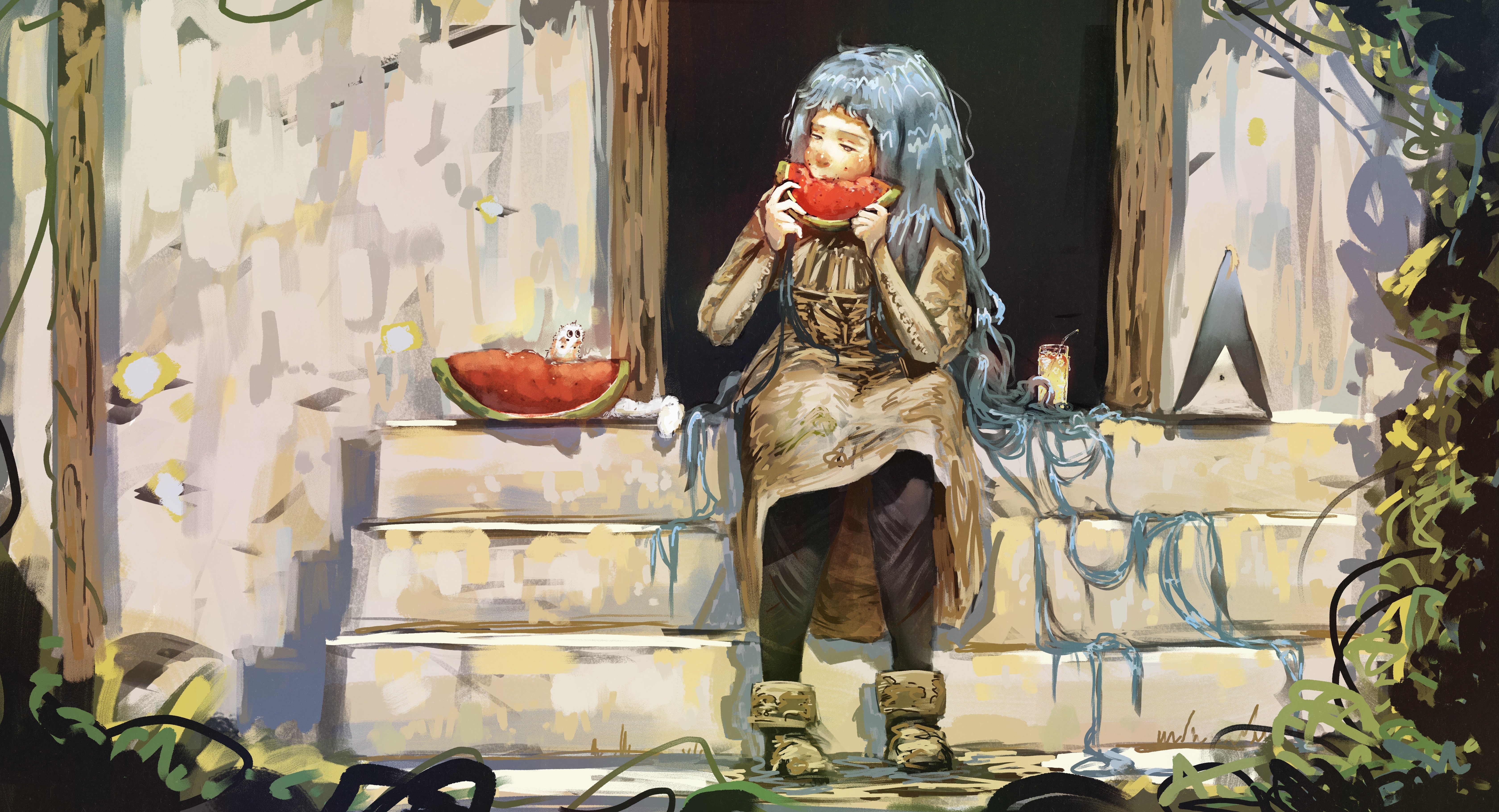 ignoramoose, shadow slave, absurdres, character request, highres, 1girl, black pantyhose, blue hair, boots, closed eyes, cup, dress, eating, food, fruit, full body, hair flowing over, head tilt, holding, holding food, holding fruit, holding watermelon, long hair, pantyhose, sitting, smile, solo, stairs, watermelon, wind flower (shadow slave), yellow dress