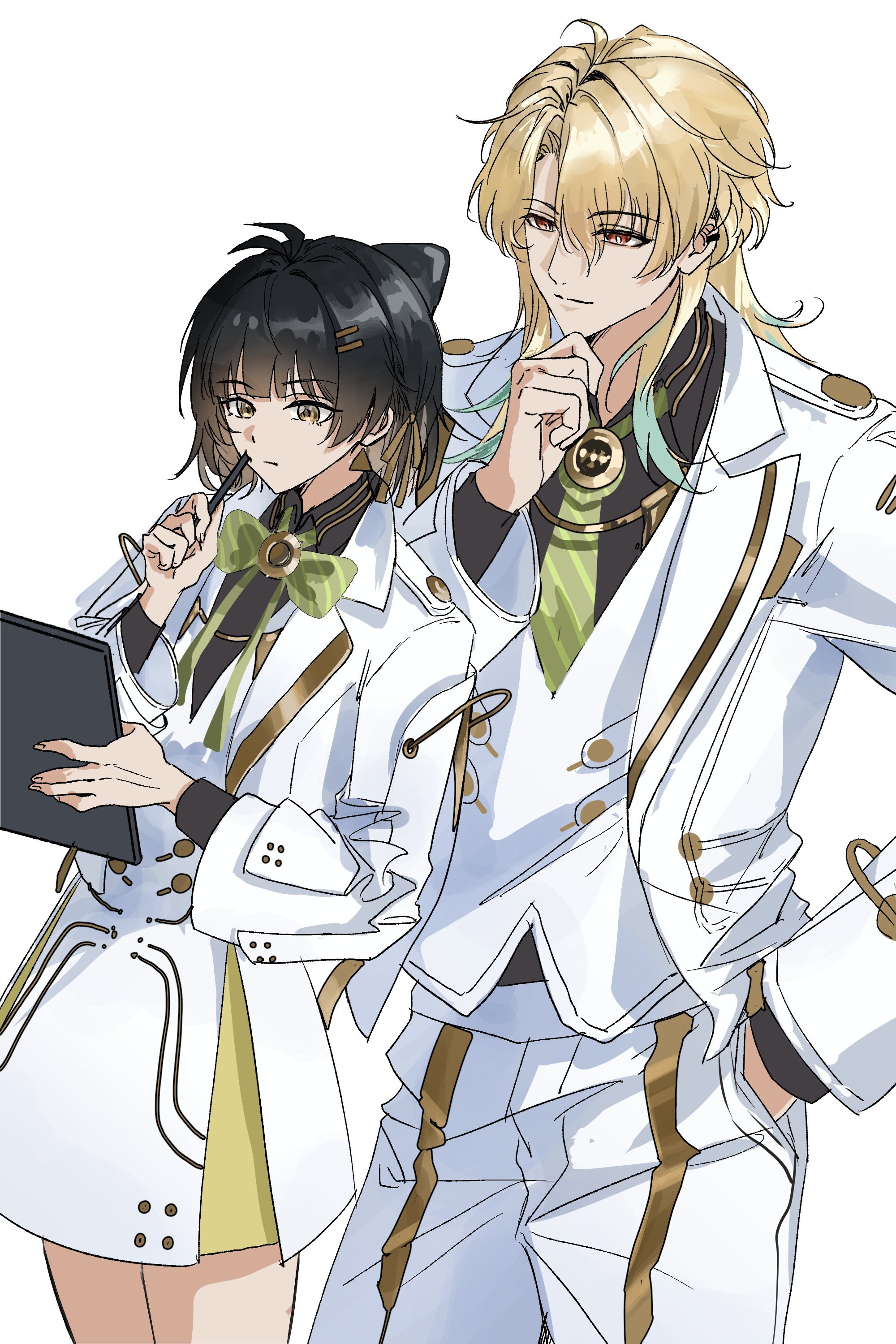 minglu (gululu), female rover (wuthering waves), luuk herssen (wuthering waves), rover (wuthering waves), wuthering waves, absurdres, chinese commentary, commentary request, highres, 1boy, 1girl, black hair, blonde hair, bow, bowtie, closed mouth, dress, green bow, green bowtie, green necktie, hair between eyes, hair ribbon, hand in pocket, hand up, holding, holding pen, jacket, light smile, multicolored hair, necktie, pants, pen, red eyes, ribbon, streaked hair, white dress, white jacket, white pants, yellow eyes, yellow ribbon