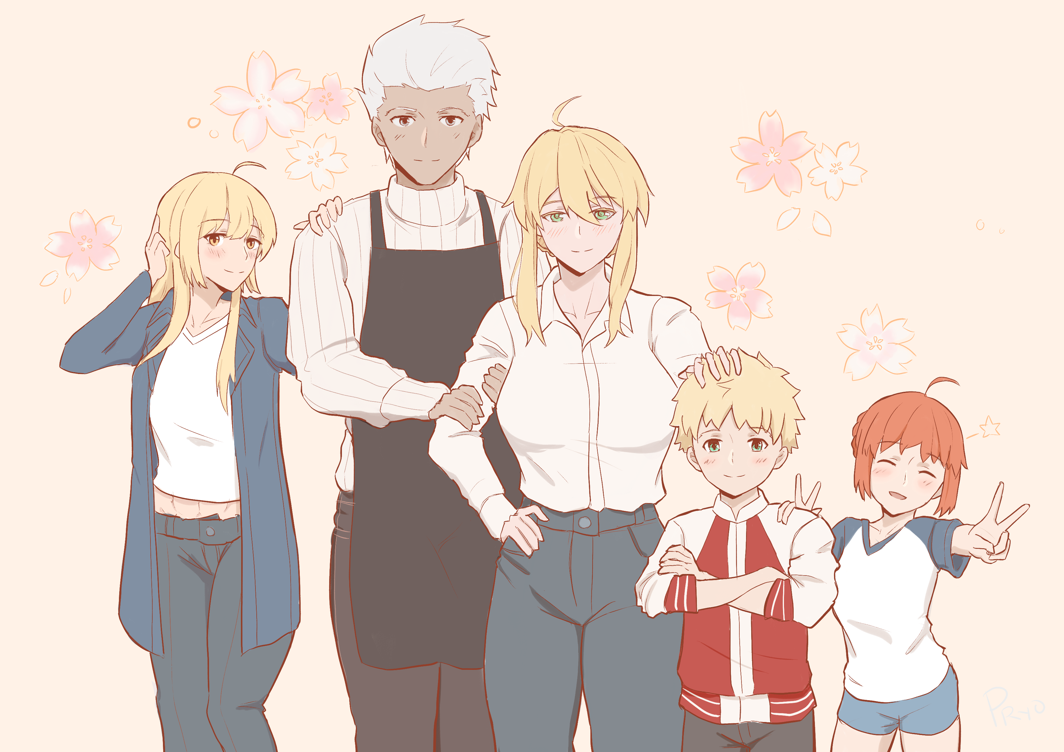 projectryo, archer (fate), artoria pendragon (fate), artoria pendragon (lancer) (fate), victoria pendragon (altermagna), fate/grand order, fate (series), original, absurdres, commission, highres, non-web source, 2boys, 3girls, ahoge, amber pendragon (altermagna), blush, breasts, brother and sister, closed eyes, duran pendragon (altermagna), family, father and daughter, father and son, flower, green eyes, holding another's arm, if they mated, large breasts, medium hair, mother and daughter, mother and son, multiple boys, multiple girls, pants, red shirt, shirt, short hair, siblings, sisters, sweater, v, white shirt