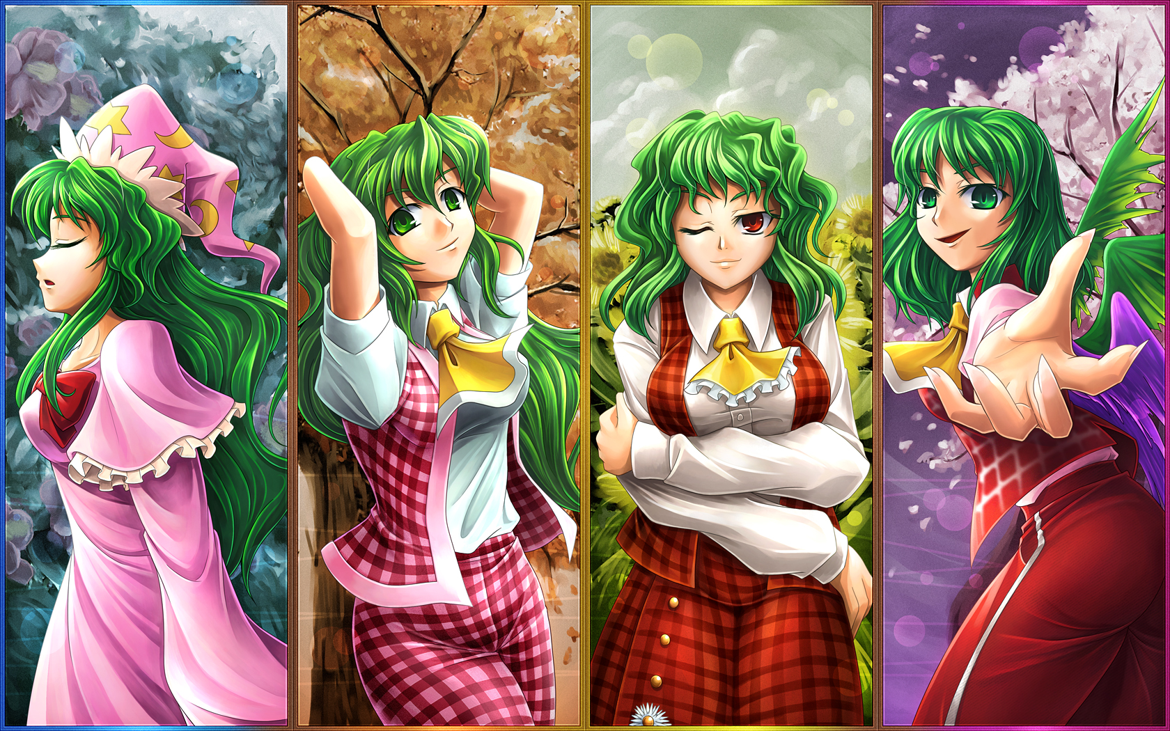koto tsubane, kazami yuuka, kazami yuuka (pc-98), kazami yuuka (seihou), kioh gyoku, lotus land story, mystic square, perfect memento in strict sense, phantasmagoria of flower view, seihou, touhou, touhou (pc-98), highres, 1girl, arms up, ascot, breasts, cherry blossoms, closed eyes, cloud, crossed arms, female focus, fingernails, flower, foreshortening, green eyes, green hair, hat, large breasts, long hair, matching hair/eyes, multiple persona, nightcap, nightgown, one eye closed, pants, plaid clothes, plaid pants, plaid skirt, plaid vest, red eyes, seasons, sharp fingernails, short hair, skirt, skirt set, smirk, solo, sunflower, vest, wings, wink
