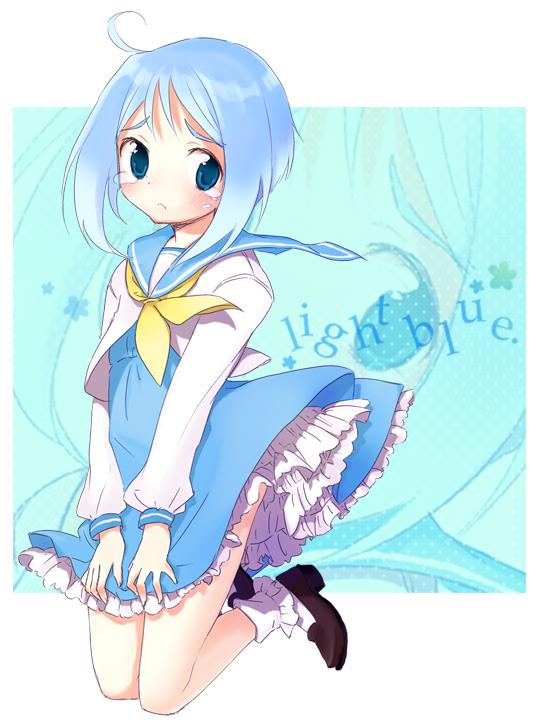 miyoshino, original, bad id, bad pixiv id, ahoge, blue eyes, blue hair, blush, dress, frills, school uniform, short hair, solo, tears, wind, wind lift