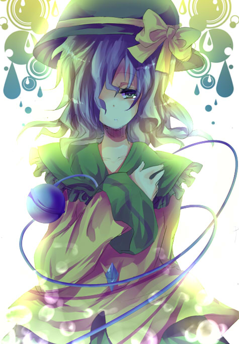 rarami, komeiji koishi, touhou, bad id, bad pixiv id, 1girl, blue hair, female focus, green eyes, hair over one eye, hat, solo, third eye, white background