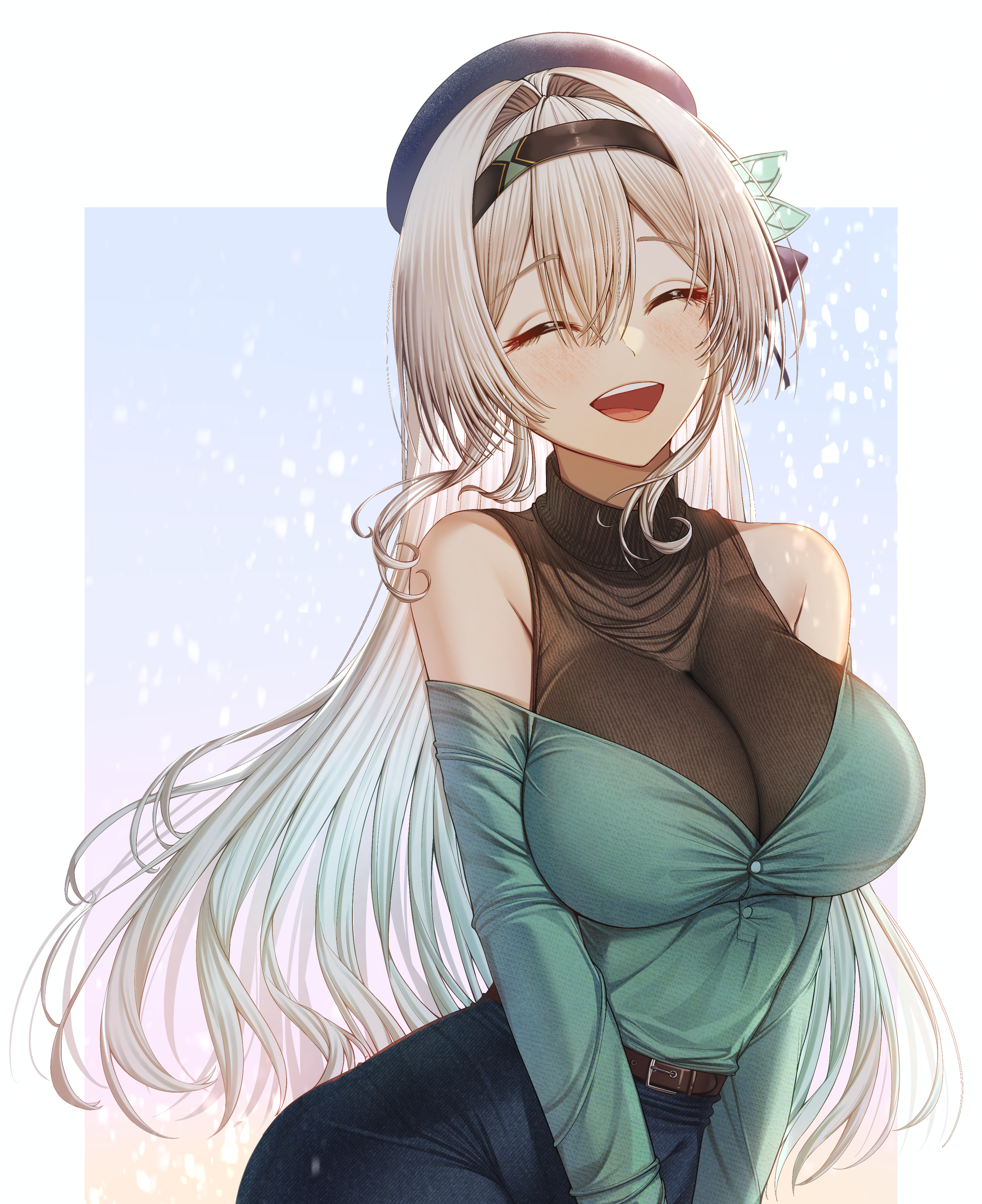 hatsukyo, firefly (honkai: star rail), honkai: star rail, honkai (series), absurdres, commentary request, highres, 1girl, alternate breast size (larger), belt, black hairband, black hat, blue pants, border, brown belt, closed eyes, denim, gradient hair, grey hair, hair intakes, hair ornament, hairband, hat, jeans, long hair, multicolored hair, open mouth, pants, smile, solo, teeth, upper teeth only, white border, wide hips