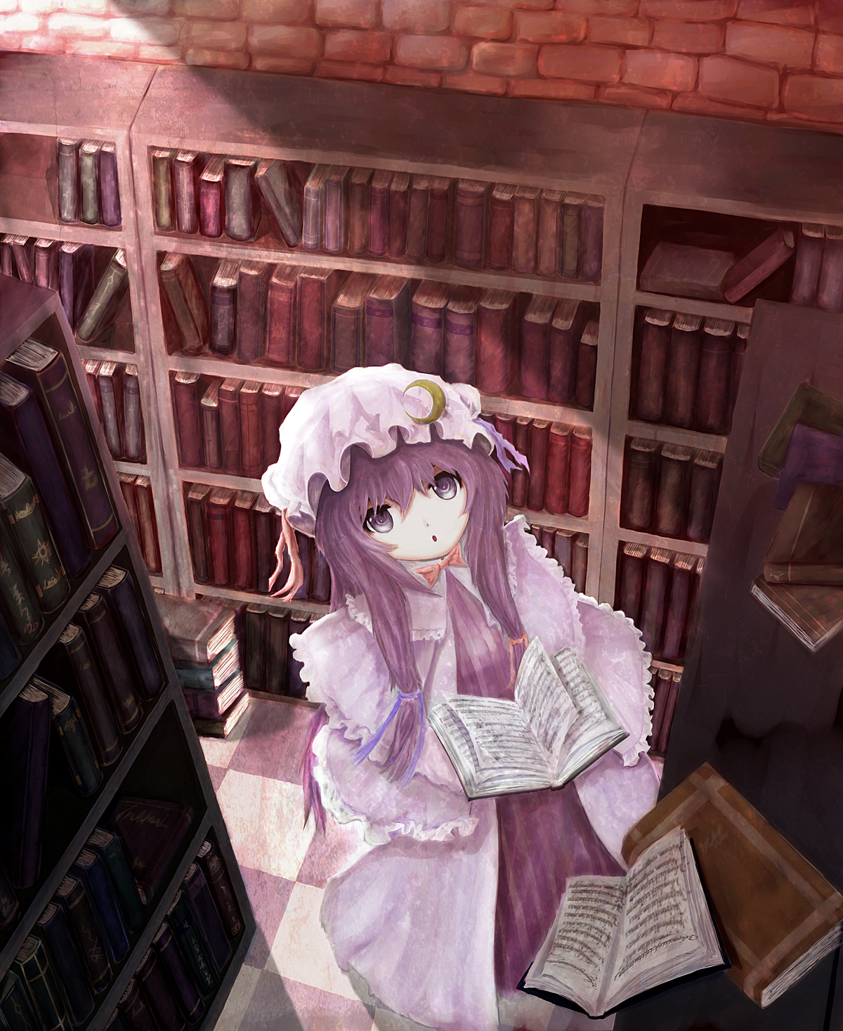 shippu man, shippu man (artist), patchouli knowledge, touhou, highres, 1girl, :o, book, bookshelf, brick, checkered floor, crescent, crescent moon, female focus, floor, hair ribbon, hat, library, long hair, looking up, moon, open book, perspective, purple eyes, purple hair, reading, ribbon, solo, voile