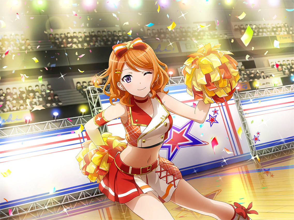 ebisu tsukasa, shoujo kageki revue starlight, shoujo kageki revue starlight -re live-, game cg, official art, 1girl, belt, bow, cheerleader, choker, closed mouth, confetti, cropped shirt, crowd, hair bow, hair ornament, hairclip, holding, holding pom poms, leaning forward, looking at viewer, navel, one eye closed, orange hair, pom pom (cheerleading), pom poms, purple eyes, red belt, red bow, red choker, red skirt, short hair, skirt, smile, solo, stage lights, standing, stomach, swept bangs, two-tone skirt, upper body, wavy hair, white skirt