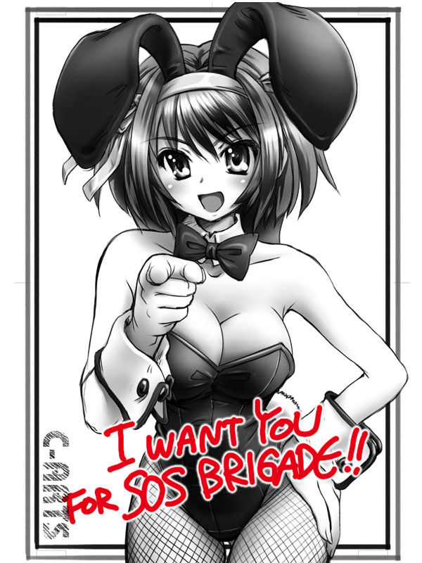 maguta, suzumiya haruhi, i want you, suzumiya haruhi no yuuutsu, 1girl, animal ears, breasts, cleavage, english text, fake animal ears, female focus, fishnet pantyhose, fishnets, greyscale, hand on own hip, hip focus, large breasts, leaning forward, monochrome, pantyhose, parody, playboy bunny, pointing, propaganda, rabbit ears, solo