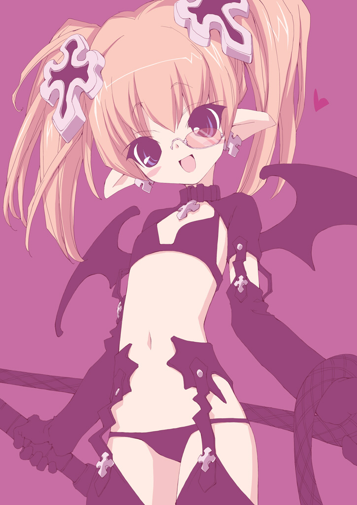 airan, original, bad id, bad pixiv id, 1girl, black bra, black garter belt, black panties, black thighhighs, blonde hair, blue eyes, blush, bra, choker, collar, cross, cross choker, demon girl, demon wings, earrings, elbow gloves, eye contact, female focus, flat chest, garter belt, glasses, gloves, heart, jewelry, lingerie, loli, looking at another, lowleg, lowleg panties, midriff, monocle, narrow waist, navel, panties, pointy ears, purple background, shrug (clothing), simple background, solo, thighhighs, twintails, underwear, whip, wings