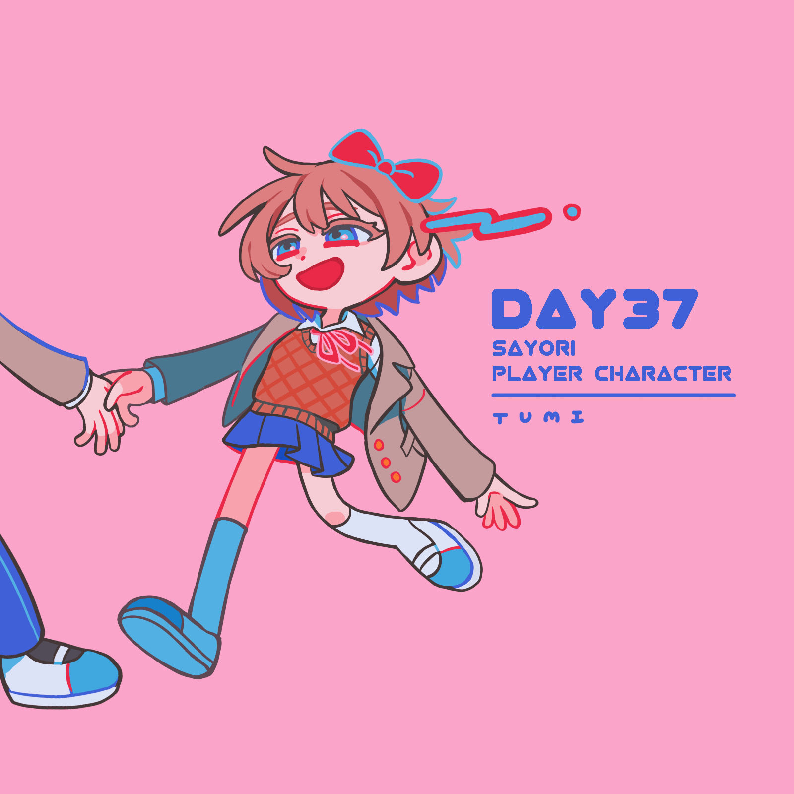 protagonist (doki doki literature club), sayori (doki doki literature club), doki doki literature club, commentary request, highres, 1boy, 1girl, artist name, blazer, blue eyes, blue shoes, blue skirt, bow, character name, collared shirt, doki doki literature club school uniform, english text, eyelashes, full body, grey jacket, hair bow, holding hands, jacket, jep5e, kneehighs, long sleeves, neck ribbon, open clothes, open jacket, open mouth, orange sweater vest, orange vest, pink background, pink hair, red bow, red ribbon, ribbon, school uniform, shirt, shoes, short hair, simple background, skirt, smile, socks, solo focus, sweater vest, vest, white shirt, white socks