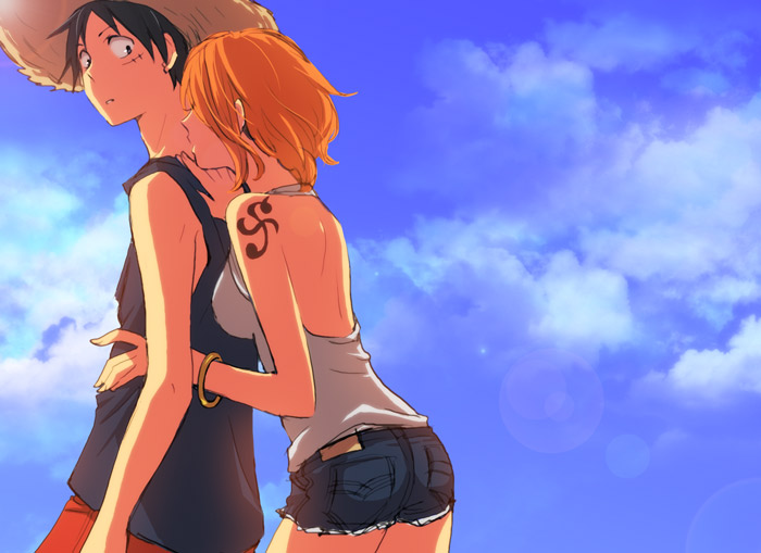 harumi chihiro, monkey d. luffy, nami (one piece), one piece, 1boy, 1girl, back, bangle, bare shoulders, bracelet, denim, denim shorts, hat, jewelry, orange hair, scar, shorts, stitches, straw hat, tattoo