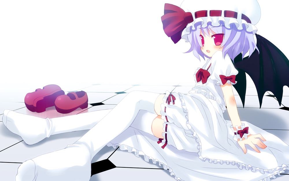 meito (maze), remilia scarlet, touhou, light purple hair, 1girl, arm support, bat wings, bloomers, bow, dress, feet, female focus, floor, hat, legs, lying, mary janes, no shoes, on side, petticoat, red eyes, shoes, short hair, soles, solo, thighhighs, tiles, underwear, unworn shoes, upskirt, white thighhighs, wings, wrist cuffs