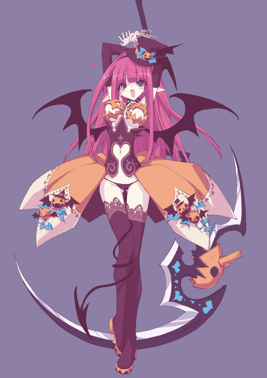 airan, original, lace-trimmed legwear, bad id, bad pixiv id, highres, 1girl, arms up, black boots, black hat, black panties, black thighhighs, blue eyes, blunt bangs, blush, boots, breasts, cross, demon girl, demon tail, demon wings, detached sleeves, fang, female focus, food-themed clothes, food-themed hair ornament, gloves, hair ornament, halloween, hat, heart, holding behind back, holding weapon behind back, jack-o'-lantern, lace, lace trim, large breasts, legs, long hair, lowleg, lowleg panties, mini hat, mini top hat, narrow waist, open mouth, panties, pink hair, pointy ears, pumpkin, pumpkin bra, pumpkin hair ornament, purple background, revealing clothes, scythe, simple background, solo, tail, thigh boots, thigh gap, thighhighs, top hat, underwear, weapon, wings