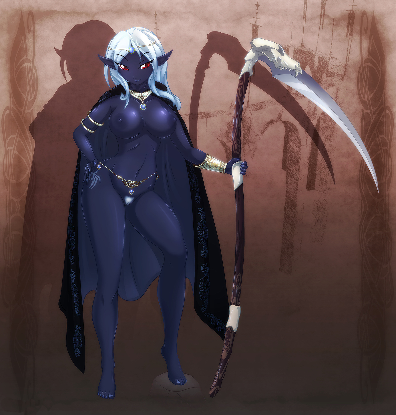 jessica elwood (artist), topless, highres, barefoot, bottomless, breasts, cape, dark elf, dark skin, elf, feet, jewelry, large breasts, nude, pointy ears, purple skin, pussy, red eyes, scythe, standing, toes, uncensored, weapon, white hair