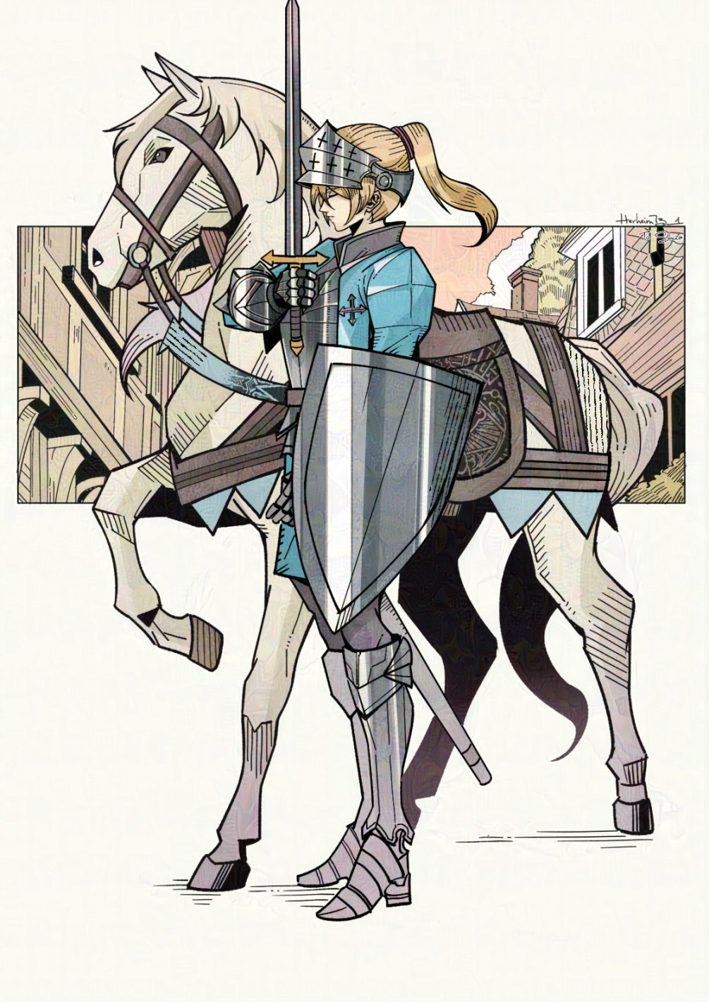 herheim, miriam (unicorn overlord), unicorn overlord, highres, mixed-language commentary, 1girl, armor, blonde hair, breastplate, closed eyes, full body, gauntlets, greaves, holding, holding shield, holding sword, holding weapon, horse, ponytail, sabaton, shield, short hair, signature, solo, sword, weapon, white background, white horse