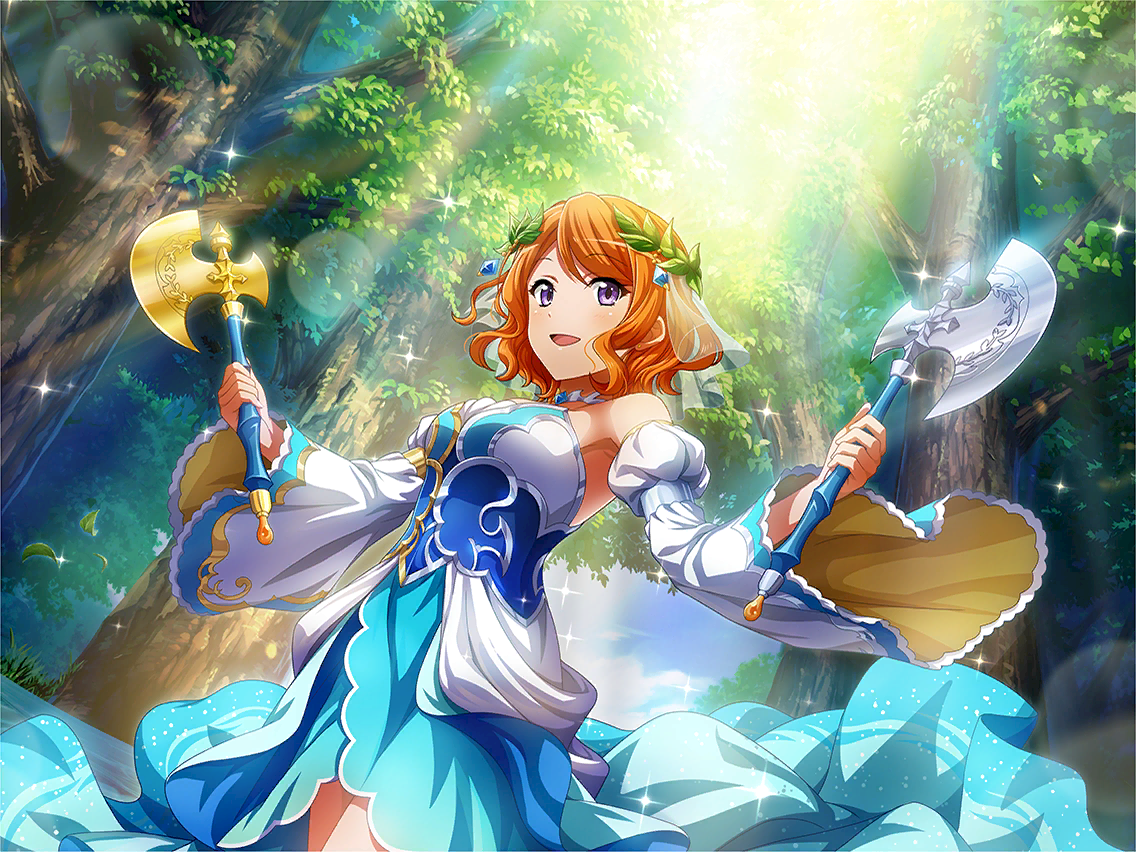 ebisu tsukasa, honest axe, shoujo kageki revue starlight, shoujo kageki revue starlight -re live-, game cg, official art, 1girl, axe, blue dress, detached sleeves, dress, dual wielding, forest, gold, head wreath, holding, holding axe, looking at viewer, nature, open mouth, orange hair, parody, purple eyes, short hair, solo, standing, strapless, strapless dress, tree, upper body, white sleeves, wide sleeves