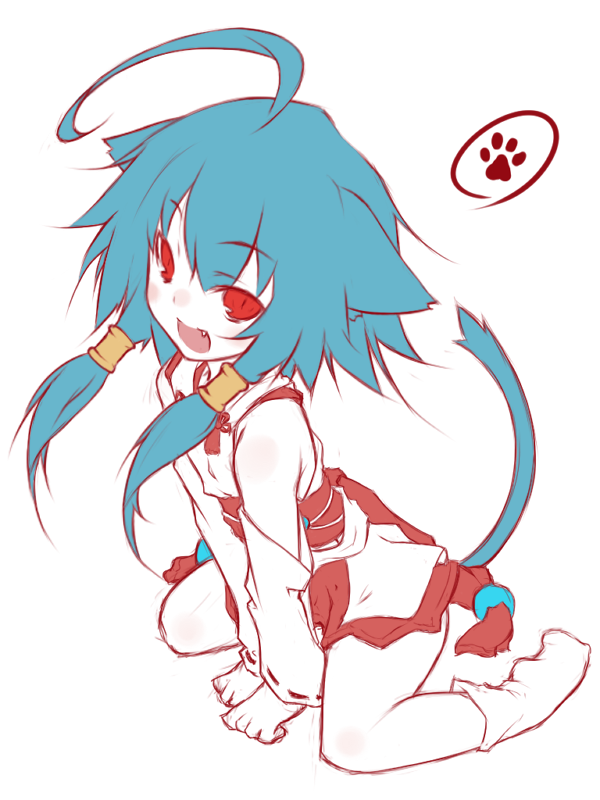 kazami mioyoru, kazami ryouya, prelu, original, bad id, bad pixiv id, 1girl, ahoge, animal ears, arm support, blue hair, blush, detached sleeves, fang, female focus, kneeling, legs, long hair, paw print, red eyes, sitting, slit pupils, socks, solo, tail, thighhighs, v arms, wariza