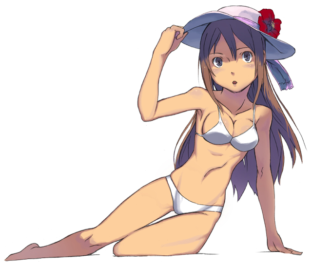 tam-u, original, bad id, bad pixiv id, 1girl, :o, arm support, armpits, barefoot, bikini, blue eyes, breasts, brown hair, cleavage, female focus, hat, leaning to the side, long hair, looking at viewer, medium breasts, simple background, sitting, solo, swimsuit, thigh gap, white background, white bikini