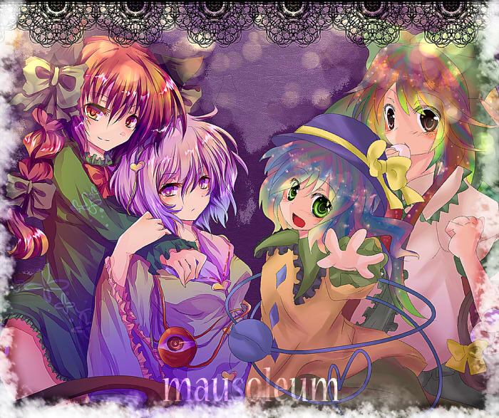 rarami, kaenbyou rin, komeiji koishi, komeiji satori, reiuji utsuho, touhou, bad id, bad pixiv id, 4girls, blue hair, blush, bow, braid, brown eyes, brown hair, eyeball, female focus, green eyes, hair bow, hat, multiple girls, open mouth, purple eyes, purple hair, red eyes, red hair