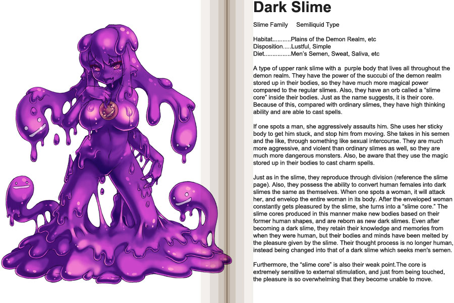 kenkou cross, dark slime, monster girl encyclopedia, hard-translated, third-party edit, translated, character profile, english text, monster girl, slime girl