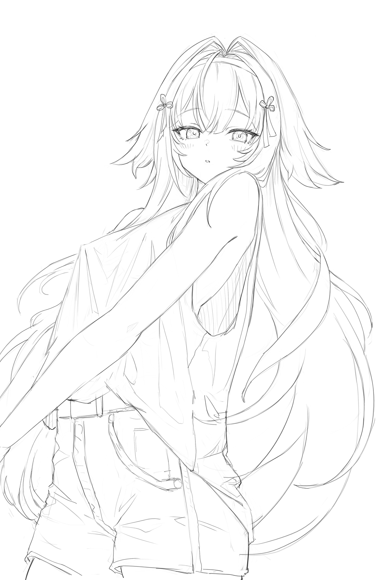 ddcc0123, ye shunguang, zenless zone zero, commentary, english commentary, highres, 1girl, alternate costume, bare shoulders, breasts, cowboy shot, greyscale, hair flaps, hair intakes, hair ornament, large breasts, light blush, lineart, long hair, looking at viewer, monochrome, parted lips, shirt, shirt partially tucked in, shorts, simple background, sketch, solo, white background