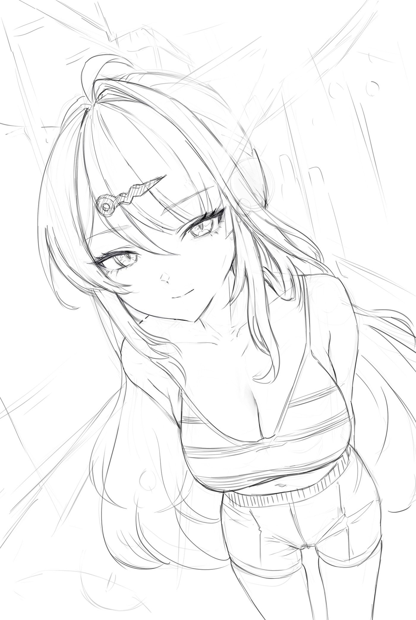 ddcc0123, yixuan (zenless zone zero), zenless zone zero, commentary, english commentary, highres, 1girl, alternate costume, arms behind back, bare shoulders, breasts, cleavage, closed mouth, collarbone, crop top, greyscale, hair ornament, large breasts, long hair, looking at viewer, midriff, monochrome, navel, solo