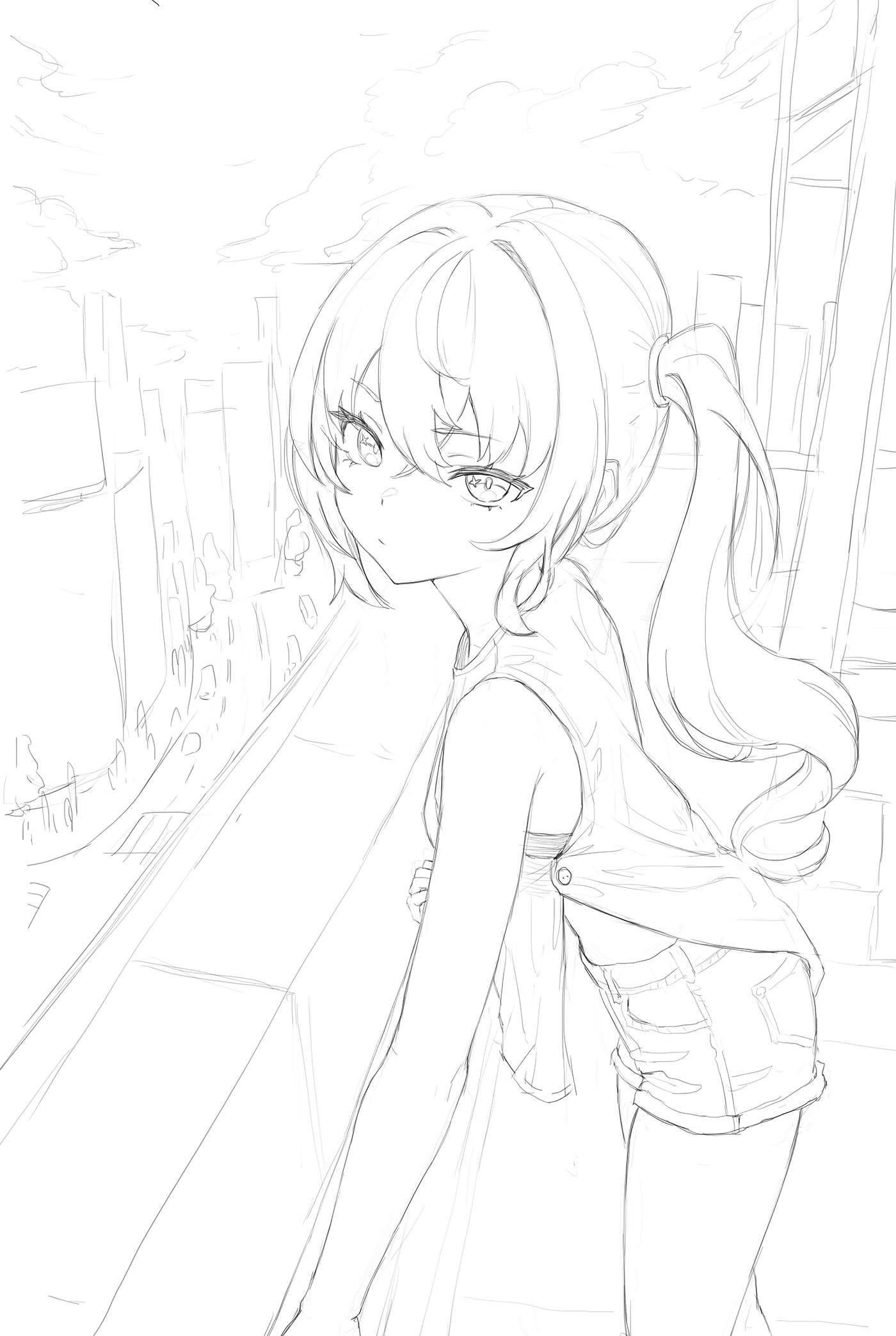 ddcc0123, luciana de montefio, zenless zone zero, commentary, english commentary, highres, 1girl, alternate costume, bare shoulders, closed mouth, cloud, cowboy shot, crossed bangs, from side, greyscale, hair between eyes, hair intakes, long hair, monochrome, shirt, shorts, side ponytail, sketch, sleeveless, sleeveless shirt, solo